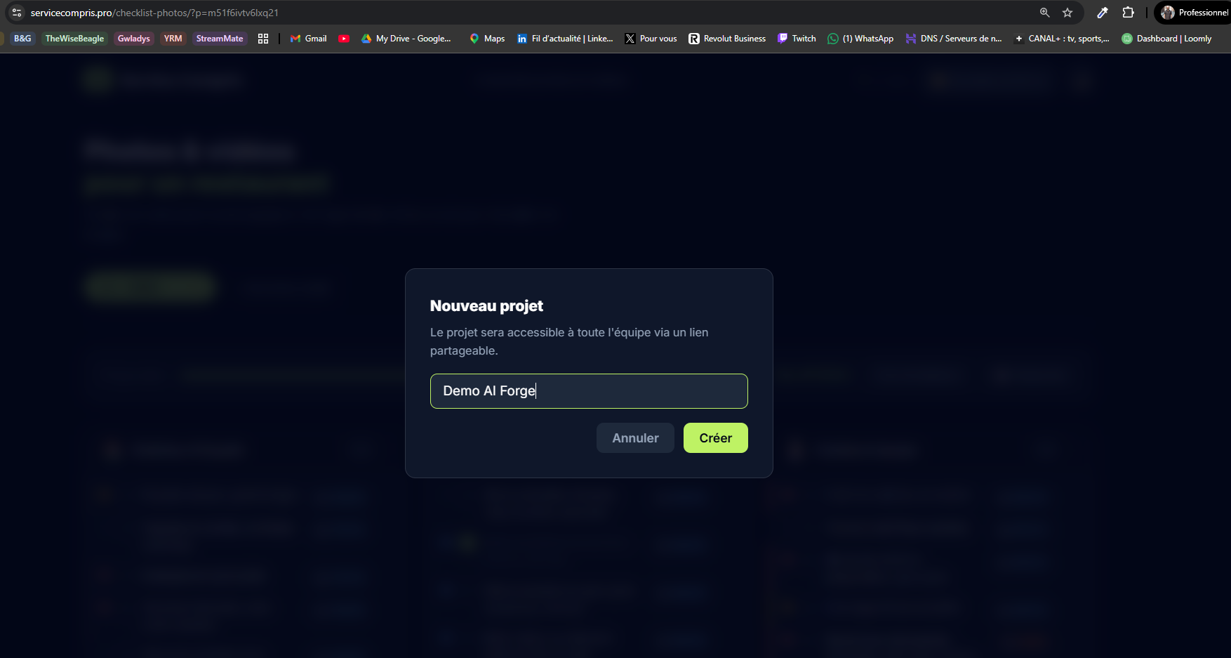 Interface de création de projet AI FORGE