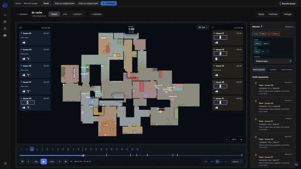 Replay Recall sur de_cache : carte 2D, dix joueurs, navigation par manche et événements. Pseudos remplacés.