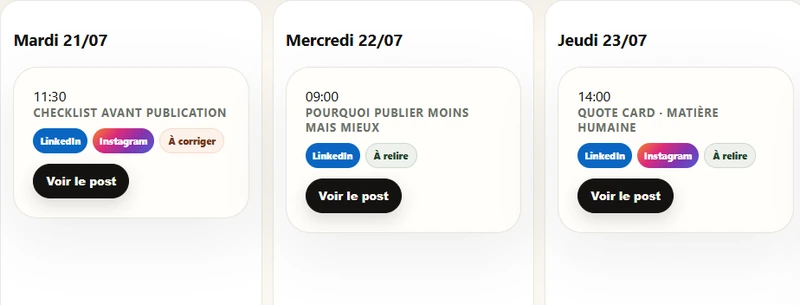 Extrait du calendrier Liquid Grid : contenus répartis sur trois jours et statuts de relecture. Données d’exemple.